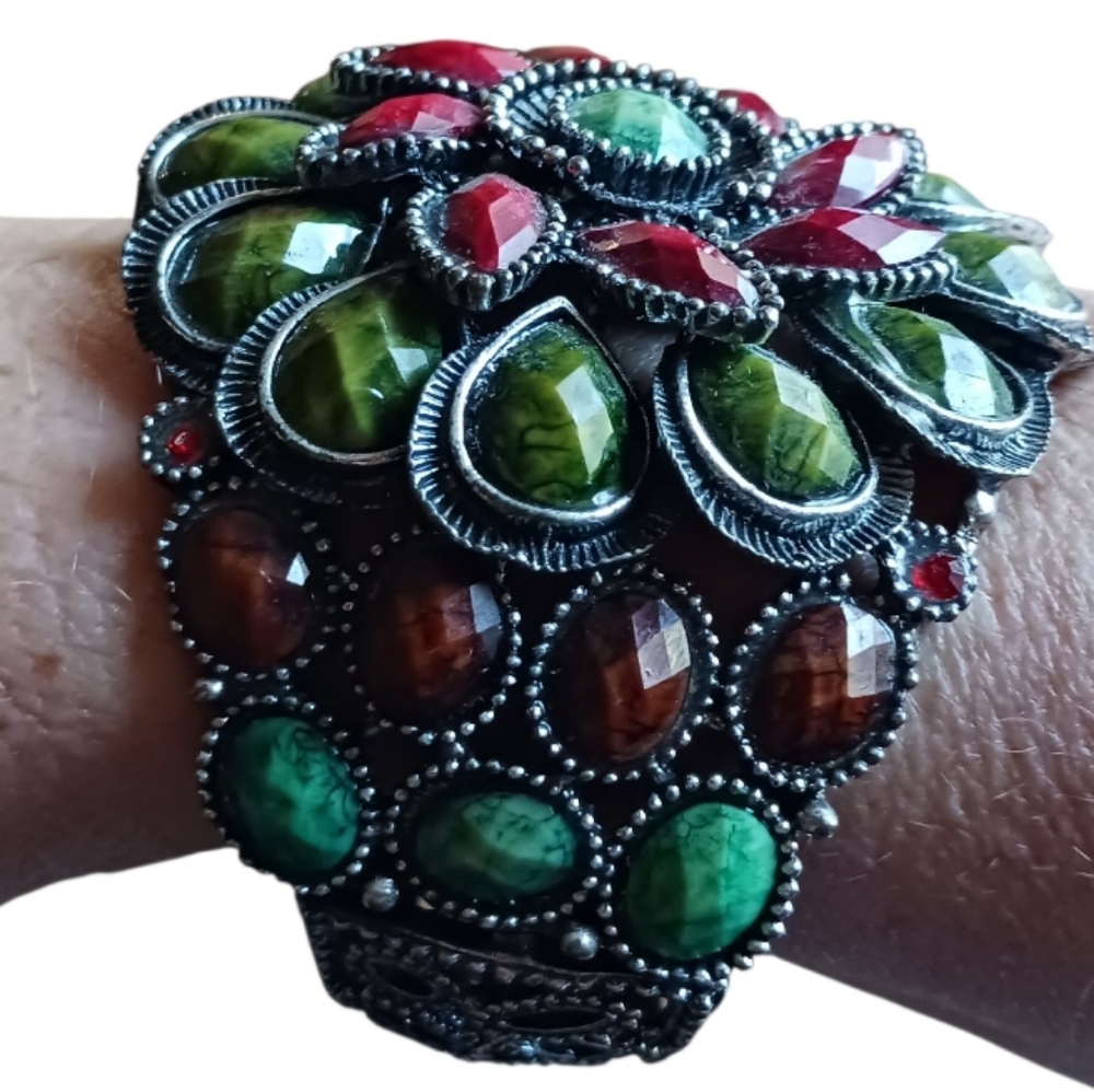 Boho Chic Flower Hinge Cuff Statement Bracelet Chunky - Picture 4 of 11